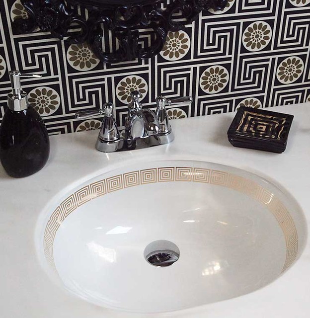Gold Geometric Border Painted Sink in Black & Gold Powder Room