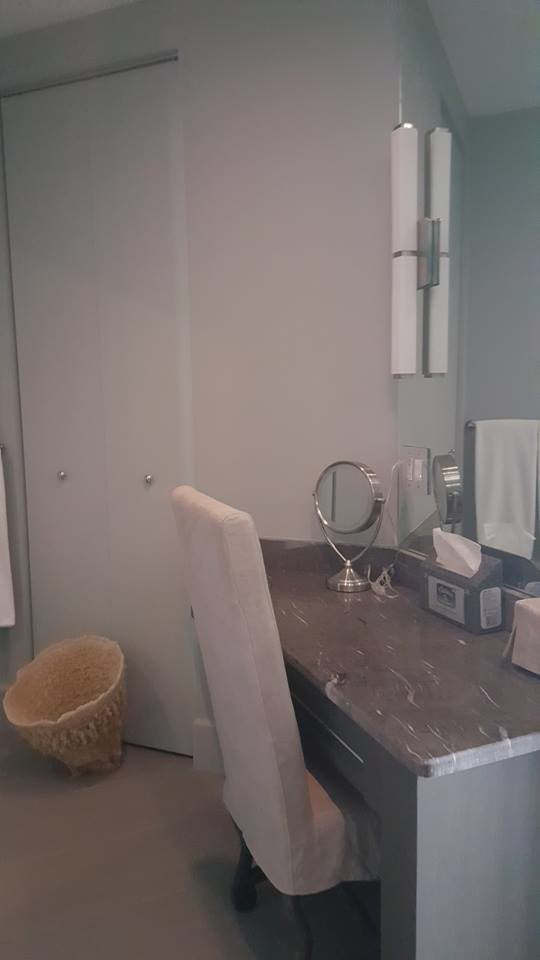 Cette image montre un petit WC et toilettes traditionnel avec un placard à porte plane, des portes de placard grises, un mur blanc, sol en béton ciré, un plan de toilette en stéatite et un sol gris.