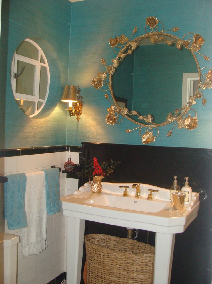Design ideas for a small traditional cloakroom in Charlotte with blue walls and a console sink.