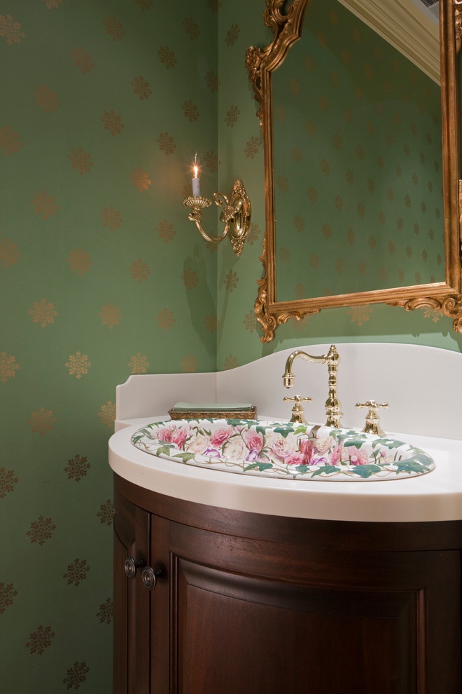 Design ideas for a small classic cloakroom in Baltimore with a built-in sink, freestanding cabinets and green walls.