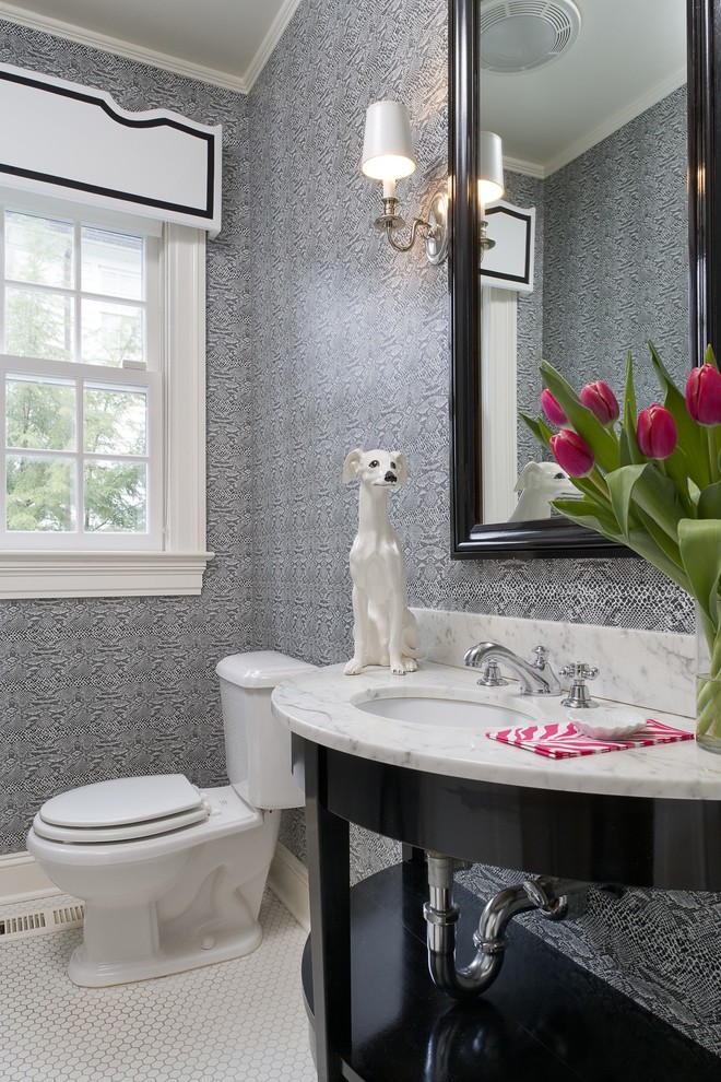 Powder room - contemporary powder room idea in New York with an undermount sink, open cabinets, black cabinets and white countertops