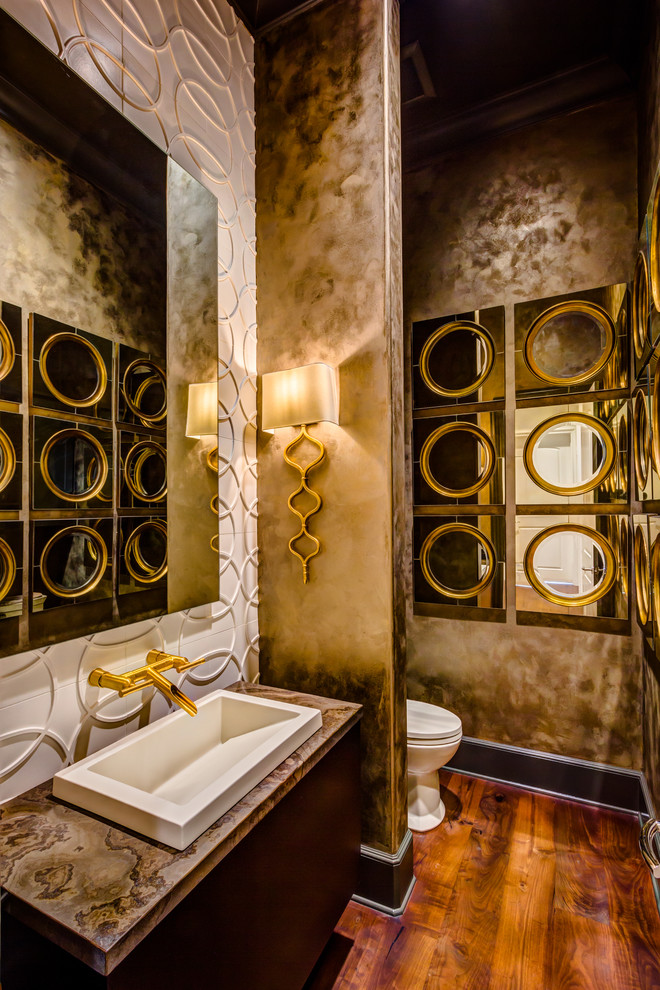 Photo of a medium sized classic cloakroom in Houston with flat-panel cabinets, dark wood cabinets, white tiles, brown walls, medium hardwood flooring and a vessel sink.