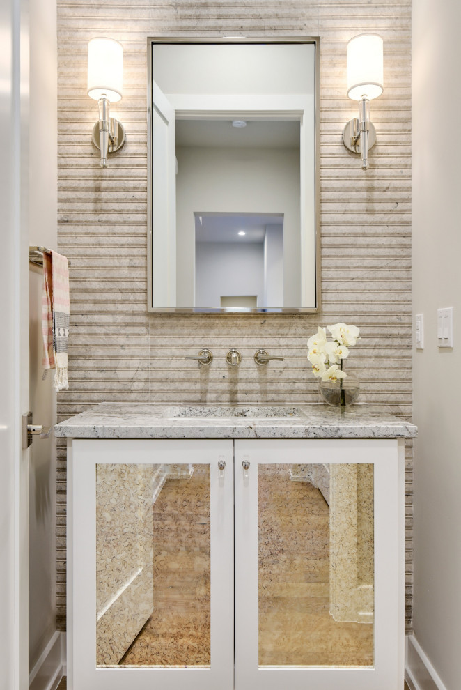 Photo of a traditional cloakroom in Austin with shaker cabinets, white cabinets, grey tiles, white walls, a submerged sink, grey worktops and a freestanding vanity unit.
