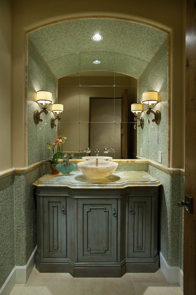 Inspiration for a contemporary powder room remodel in Phoenix with marble countertops, a vessel sink, blue cabinets and green countertops