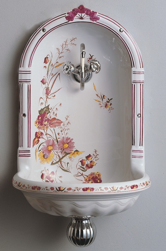 Herbeau Handpainted Niche Fountain sink Red/Pink - Farmhouse - Powder