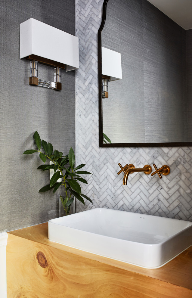 Design ideas for a traditional cloakroom in DC Metro with grey tiles, grey walls and wooden worktops.