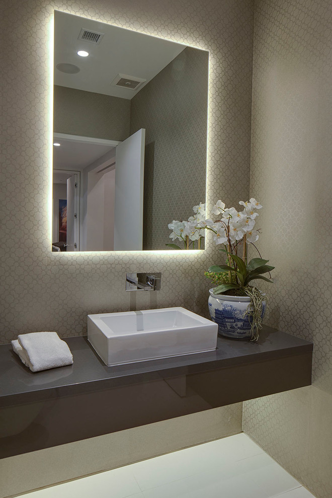 Medium sized contemporary cloakroom in Los Angeles with a vessel sink, beige walls, porcelain flooring and quartz worktops.