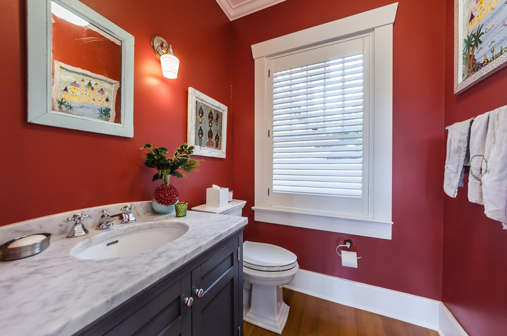 Powder room - traditional medium tone wood floor and brown floor powder room idea in Tampa with recessed-panel cabinets, black cabinets, red walls, an undermount sink and gray countertops