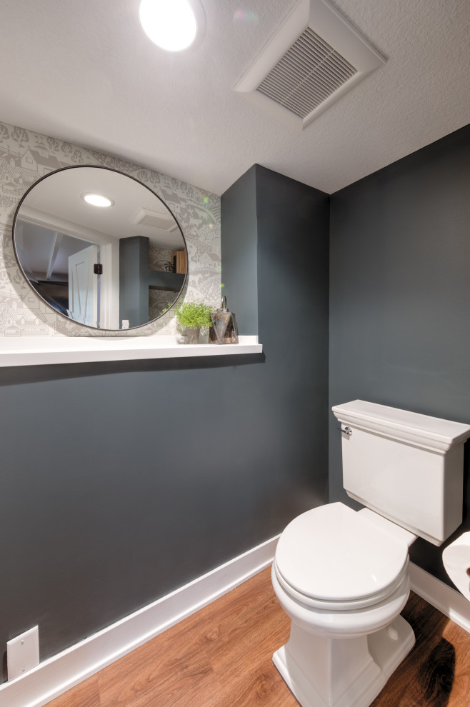 This is an example of a small rural cloakroom in Minneapolis with shaker cabinets, grey cabinets, grey walls, medium hardwood flooring, a vessel sink, quartz worktops, brown floors, white worktops, a freestanding vanity unit and exposed beams.