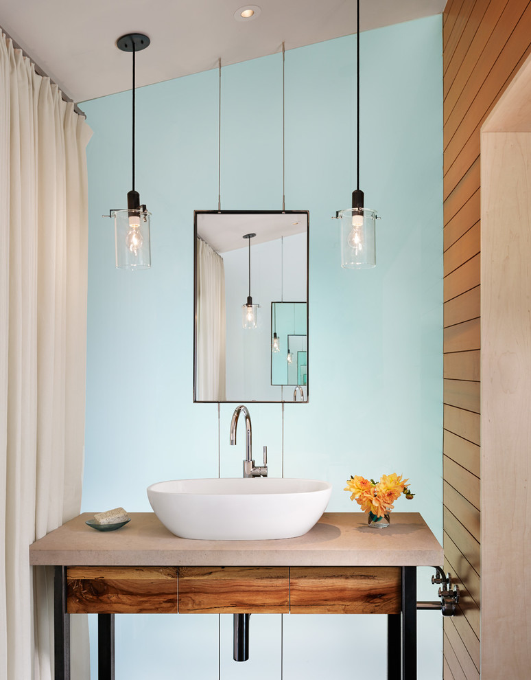 Design ideas for a contemporary cloakroom in Austin with a vessel sink.