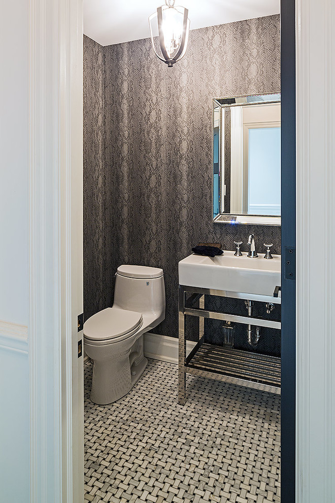 Inspiration for a contemporary cloakroom in Toronto with a console sink and a one-piece toilet.