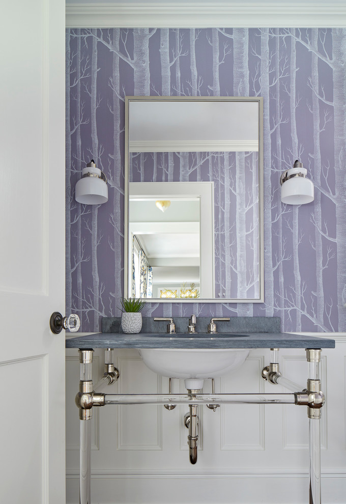 This is an example of a classic cloakroom in Boston with purple walls, a submerged sink and grey worktops.