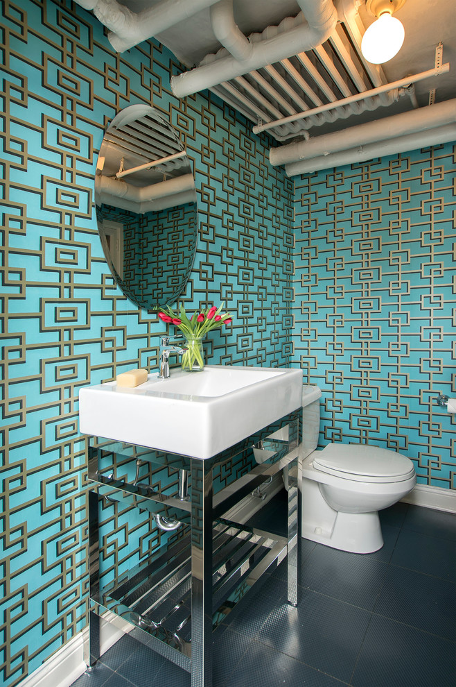Powder room - small industrial powder room idea in Other with open cabinets