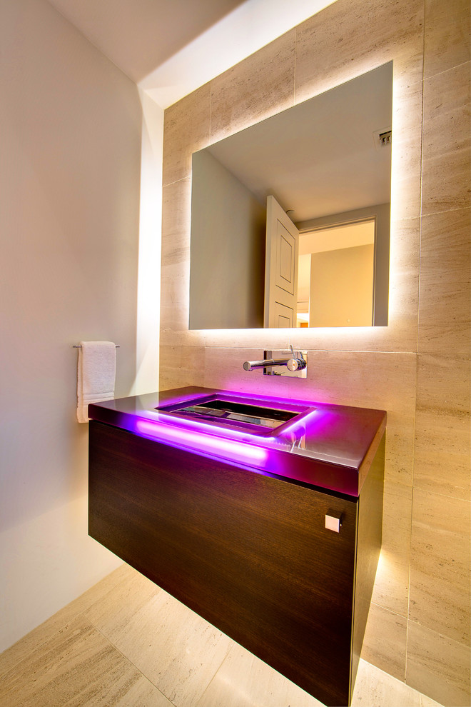 Medium sized contemporary cloakroom in Phoenix with flat-panel cabinets, dark wood cabinets, a one-piece toilet, beige tiles, porcelain tiles, white walls, porcelain flooring, an integrated sink, engineered stone worktops, beige floors and red worktops.