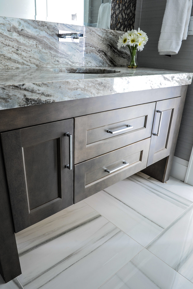 Design ideas for a traditional cloakroom in Vancouver with shaker cabinets, dark wood cabinets, multi-coloured tiles, mosaic tiles, a submerged sink, marble worktops and multi-coloured worktops.