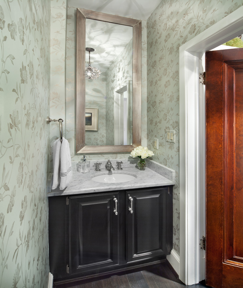 Powder room - mid-sized traditional dark wood floor powder room idea in DC Metro with an undermount sink, black cabinets, marble countertops and green walls