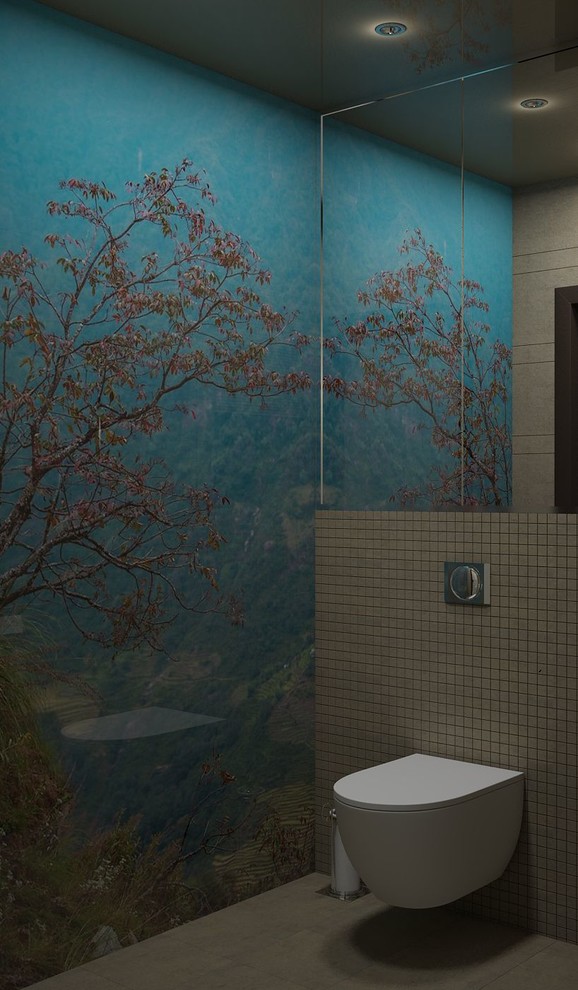 Kleine Moderne Gästetoilette mit Wandtoilette, beigen Fliesen, Porzellanfliesen, Porzellan-Bodenfliesen und beigem Boden in Sonstige