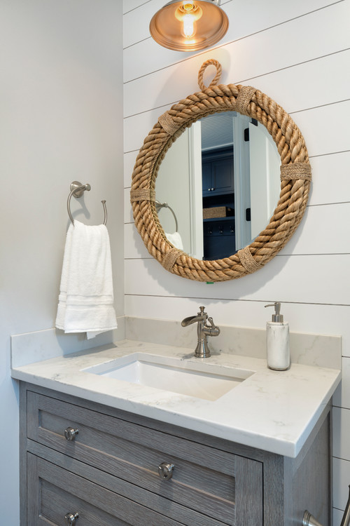 Coastal Calm: Gray Vanity with Shiplap Wall and Rope Framed Bathroom Mirror Ideas