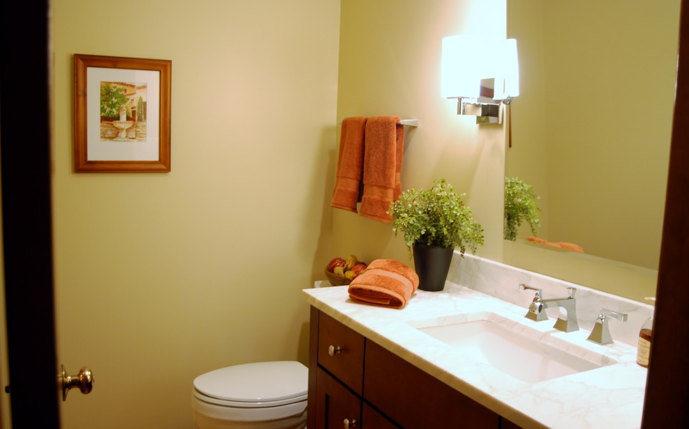 Example of a mid-sized classic powder room design in Chicago with shaker cabinets, dark wood cabinets, green walls, an undermount sink and marble countertops