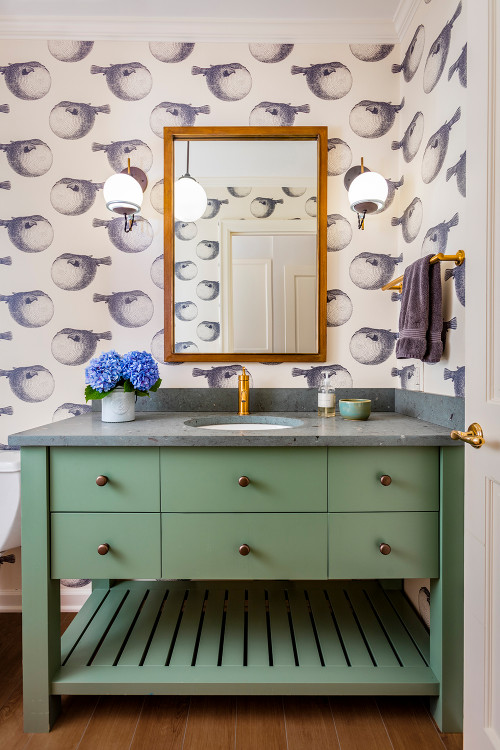 Subtle Serenity: Pastel Green Bathroom Storage Ideas with Granite Countertop