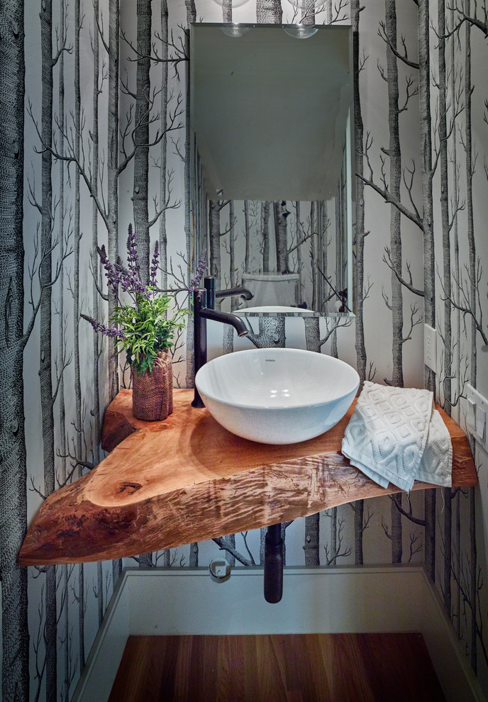 Live edge pecan counter with vessel sink Modern Powder Room