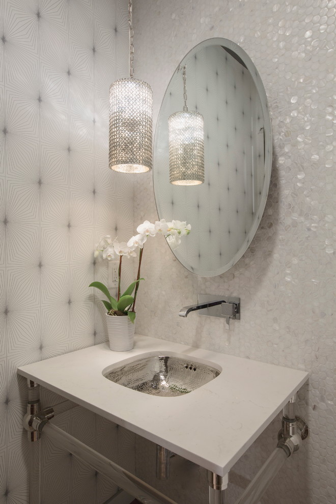 Inspiration for a contemporary cloakroom in Other with a console sink, white tiles, mosaic tiles and white worktops.