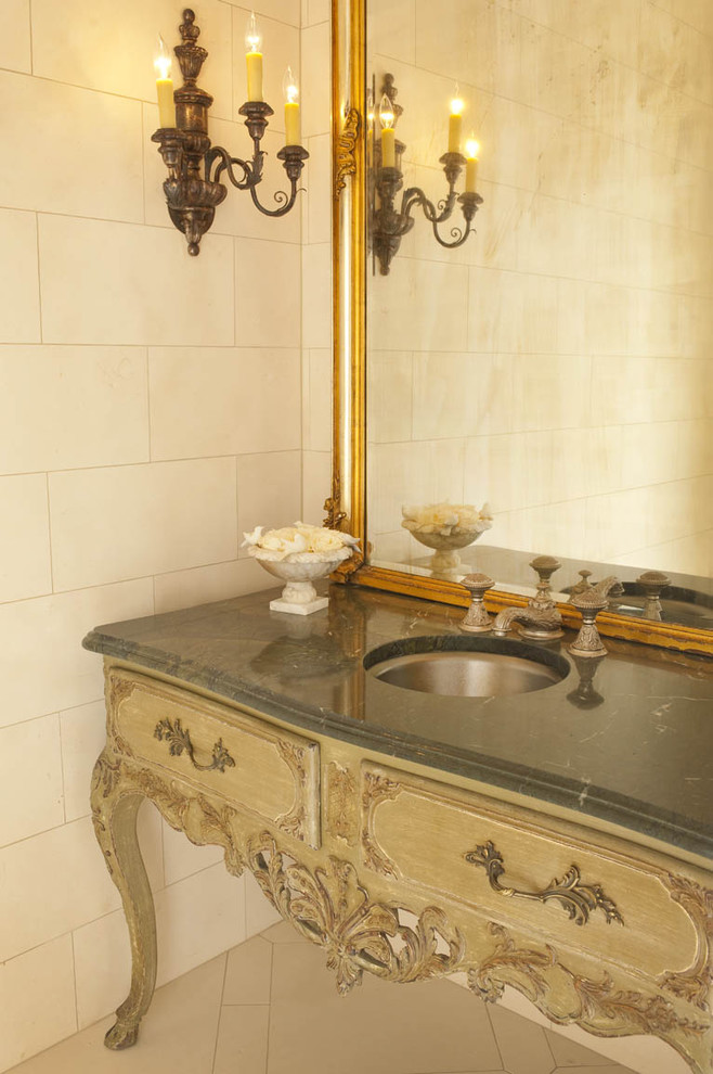 Design ideas for a classic cloakroom in Dallas with limestone tiles.
