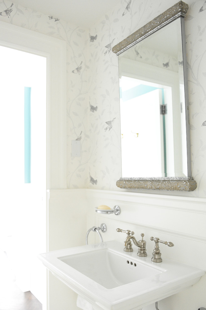 This is an example of a small traditional cloakroom in Vancouver with white walls, a pedestal sink, white tiles, mosaic tiles and marble flooring.