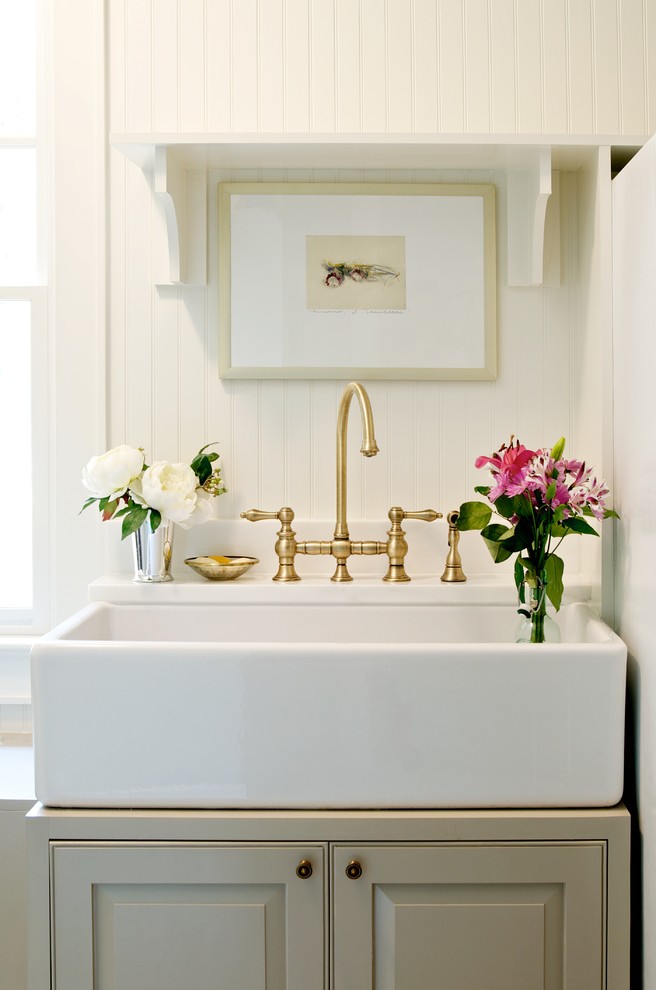 Inspiration for a small timeless powder room remodel in Other with beaded inset cabinets, gray cabinets and white walls