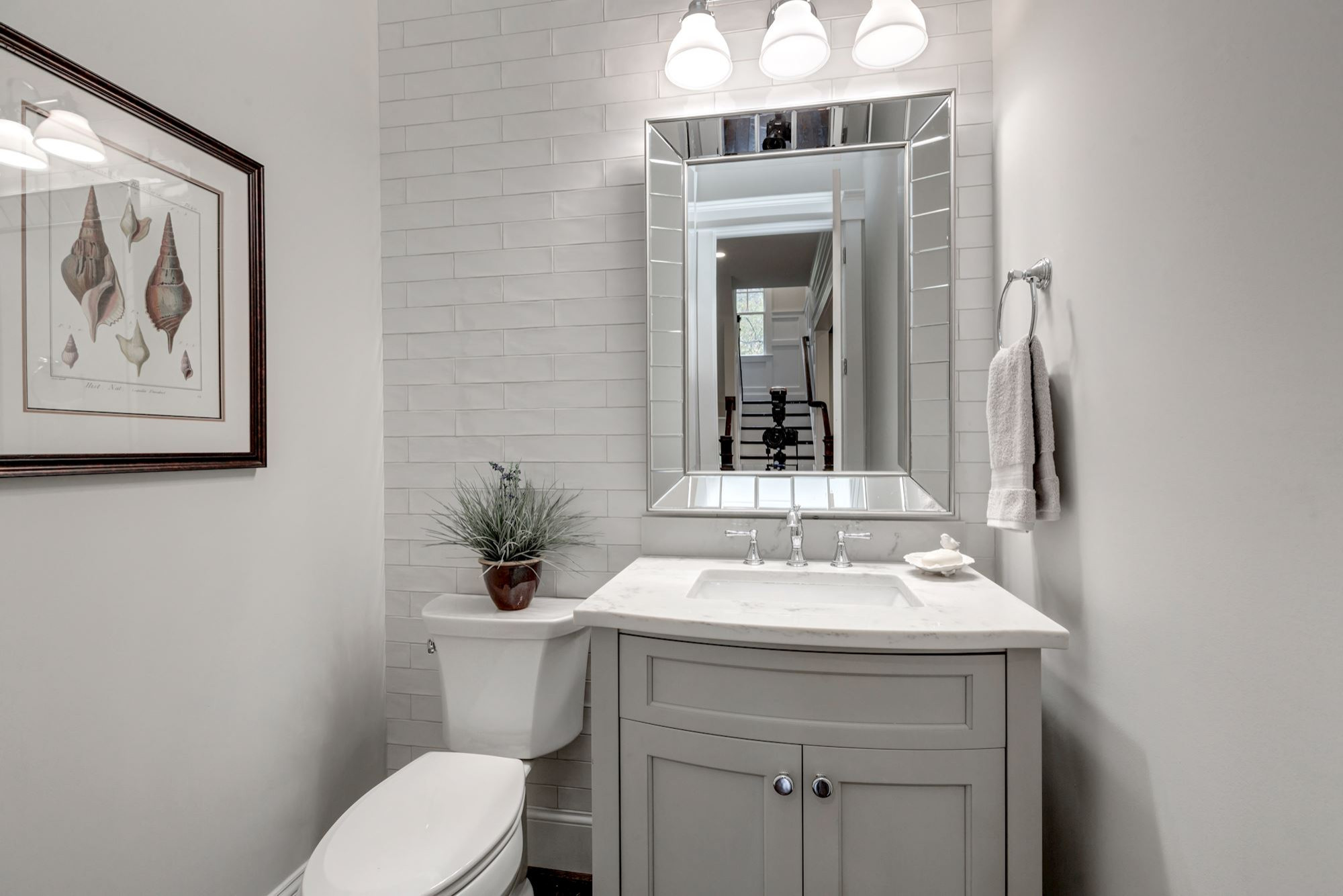 75 Beautiful Subway Tile Powder Room With Gray Cabinets Pictures Ideas August 2021 Houzz