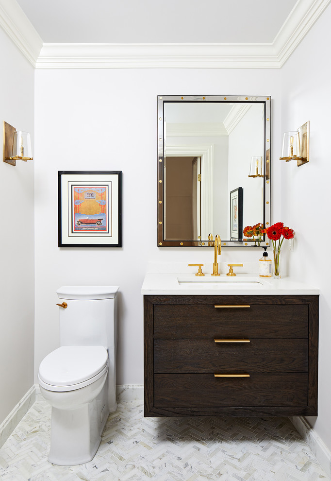 Design ideas for a traditional cloakroom in DC Metro with flat-panel cabinets, dark wood cabinets, a one-piece toilet, white walls, a submerged sink, multi-coloured floors and white worktops.