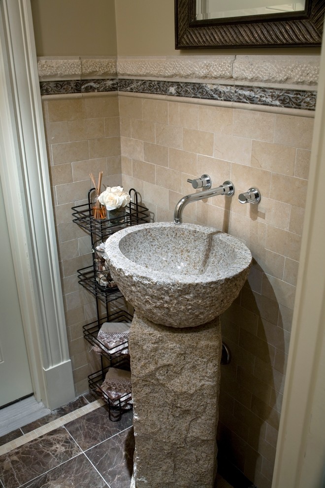 Small classic cloakroom in Boston with a vessel sink, beige tiles, stone tiles, beige walls and marble flooring.