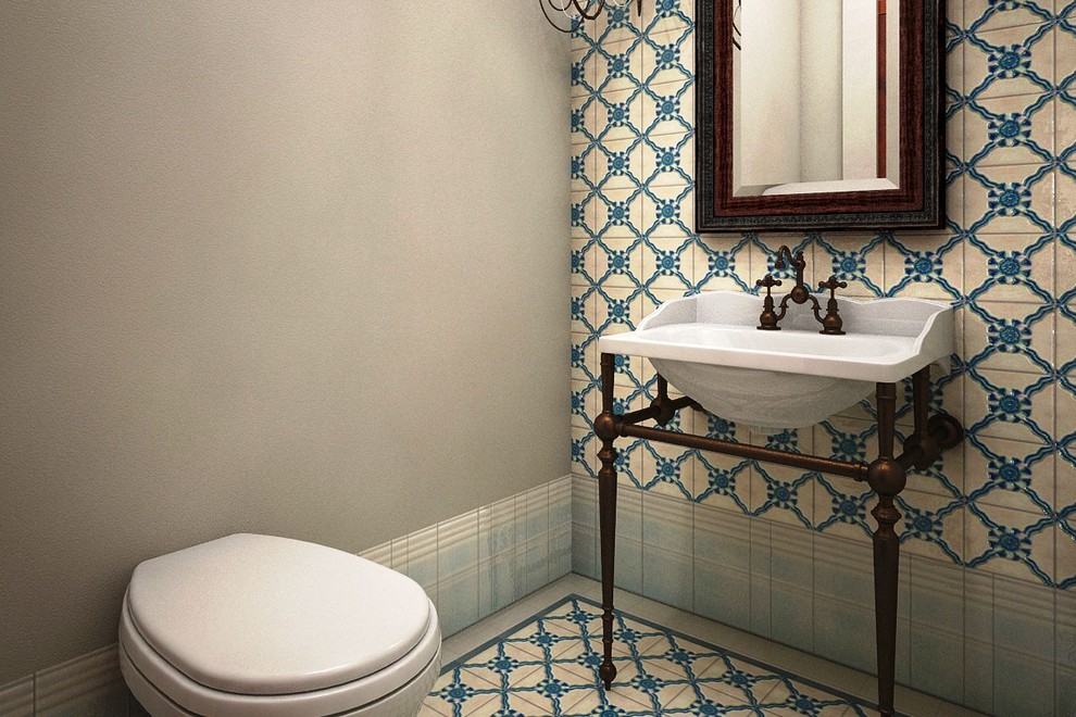 Inspiration for a large mediterranean blue tile and ceramic tile blue floor and ceramic tile powder room remodel in Other with a console sink, a wall-mount toilet and gray walls