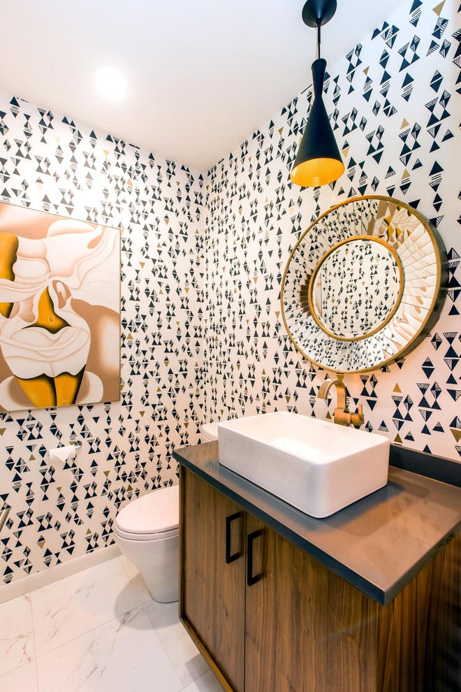 Inspiration for a small contemporary cloakroom in Other with flat-panel cabinets, medium wood cabinets, porcelain tiles, multi-coloured walls, porcelain flooring, a vessel sink, quartz worktops and white floors.