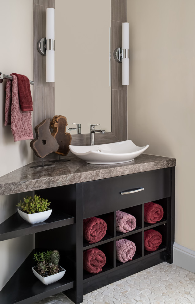 Example of a small transitional gray tile and porcelain tile mosaic tile floor and white floor powder room design in Miami with open cabinets, black cabinets, beige walls, a vessel sink and quartz countertops