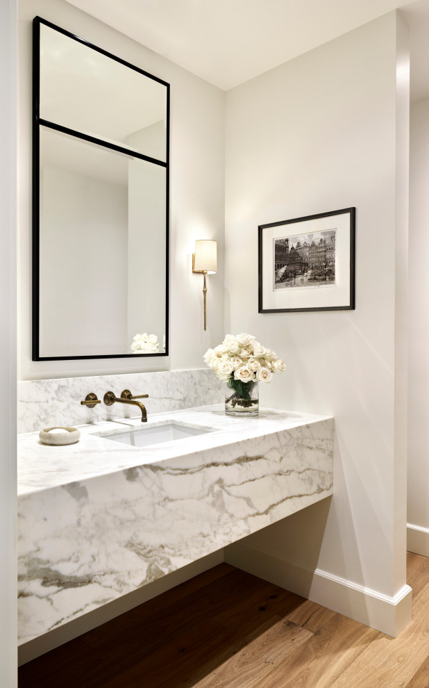 Inspiration for a mid-sized transitional brown floor powder room remodel in Phoenix with open cabinets, gray cabinets, an undermount sink, gray countertops and a built-in vanity