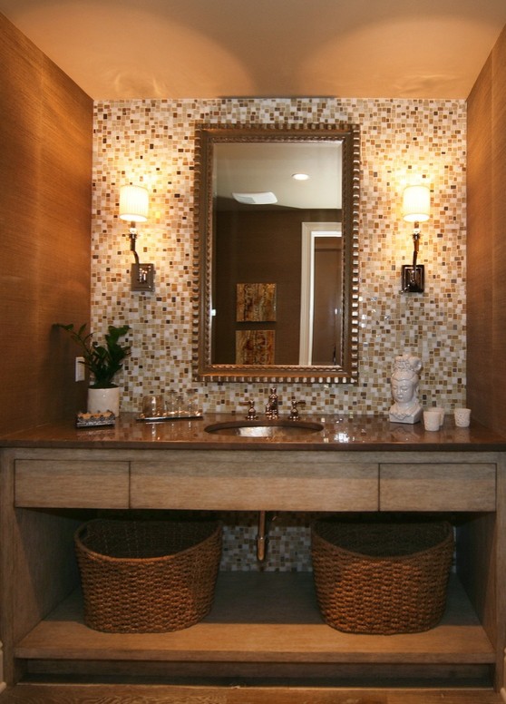 Minimalist beige tile powder room photo in Orange County with an undermount sink, flat-panel cabinets, beige cabinets and granite countertops