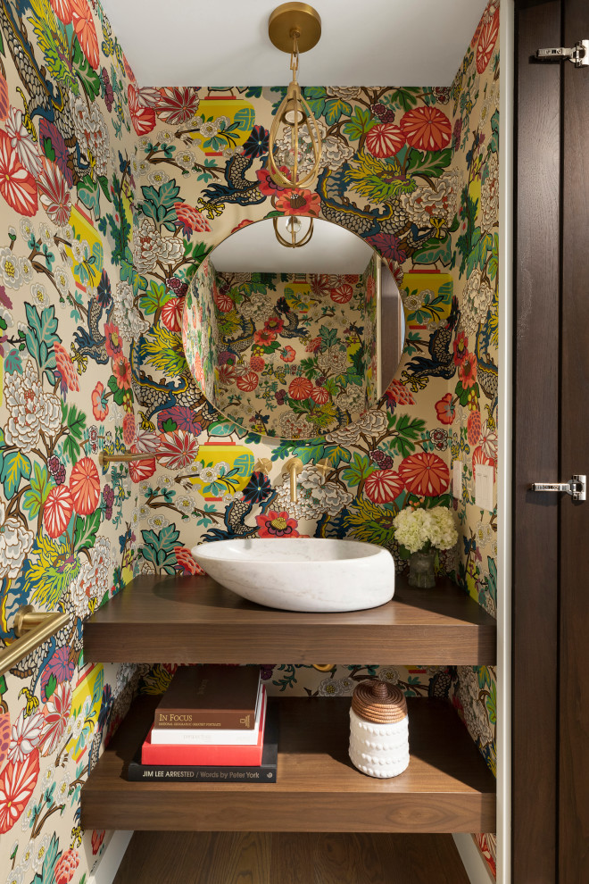 This is an example of a contemporary cloakroom in Minneapolis with wallpapered walls.