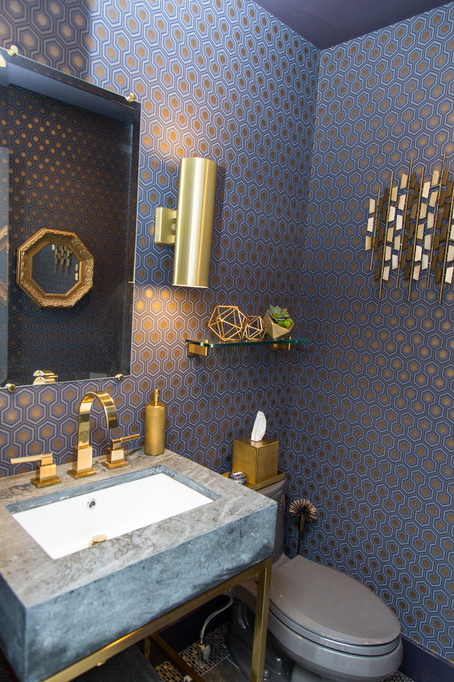 Inspiration for a large modern blue tile and ceramic tile ceramic tile and blue floor powder room remodel in New York with flat-panel cabinets, medium tone wood cabinets, a one-piece toilet, white walls, quartz countertops, white countertops and a pedestal sink