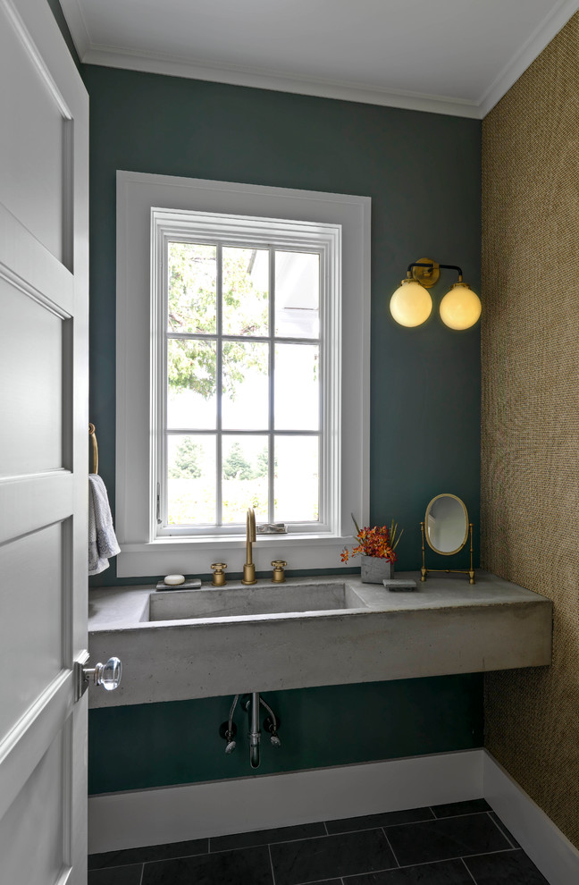 Photo of a small cloakroom in Burlington with green walls, slate flooring, an integrated sink, concrete worktops and grey floors.