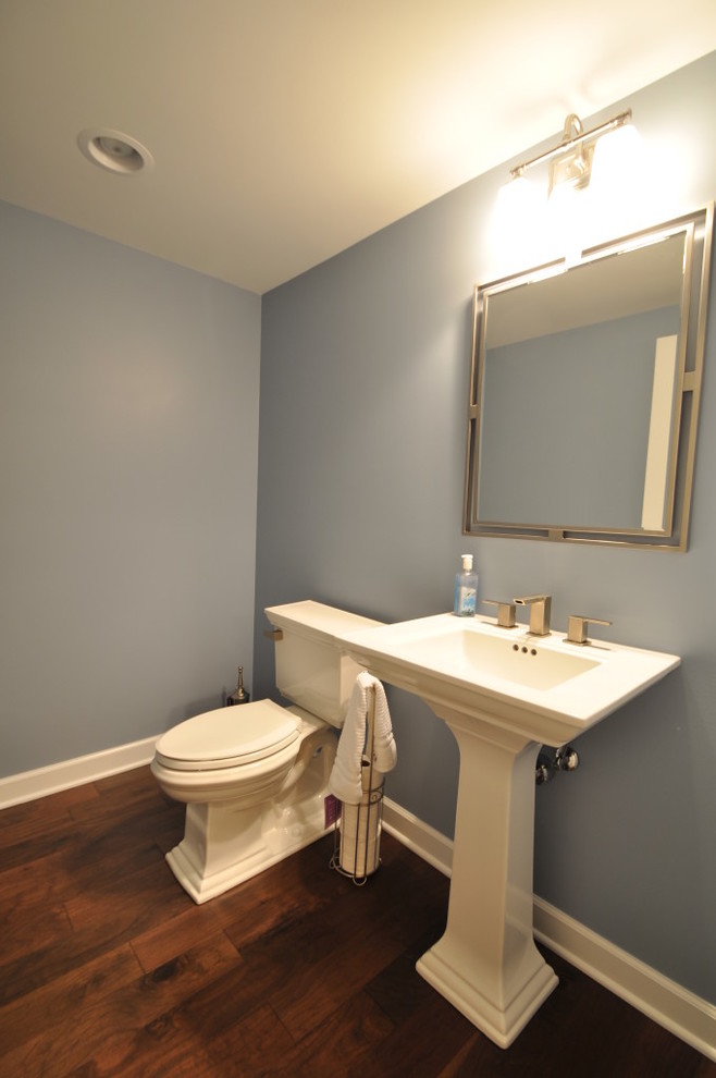Ispirazione per un grande bagno di servizio design con WC a due pezzi, pareti blu, parquet scuro e lavabo a colonna