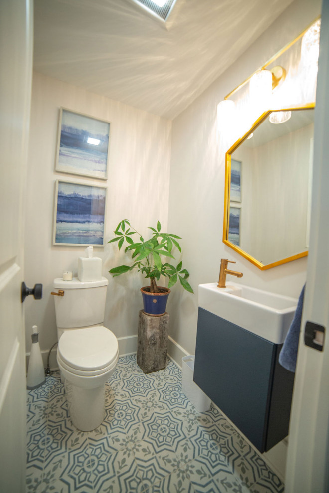 Navy and Gold Powder Room with Patterned Tile Powder Room Columbus