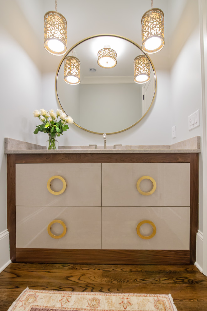 Medium sized traditional cloakroom in Charlotte with flat-panel cabinets.