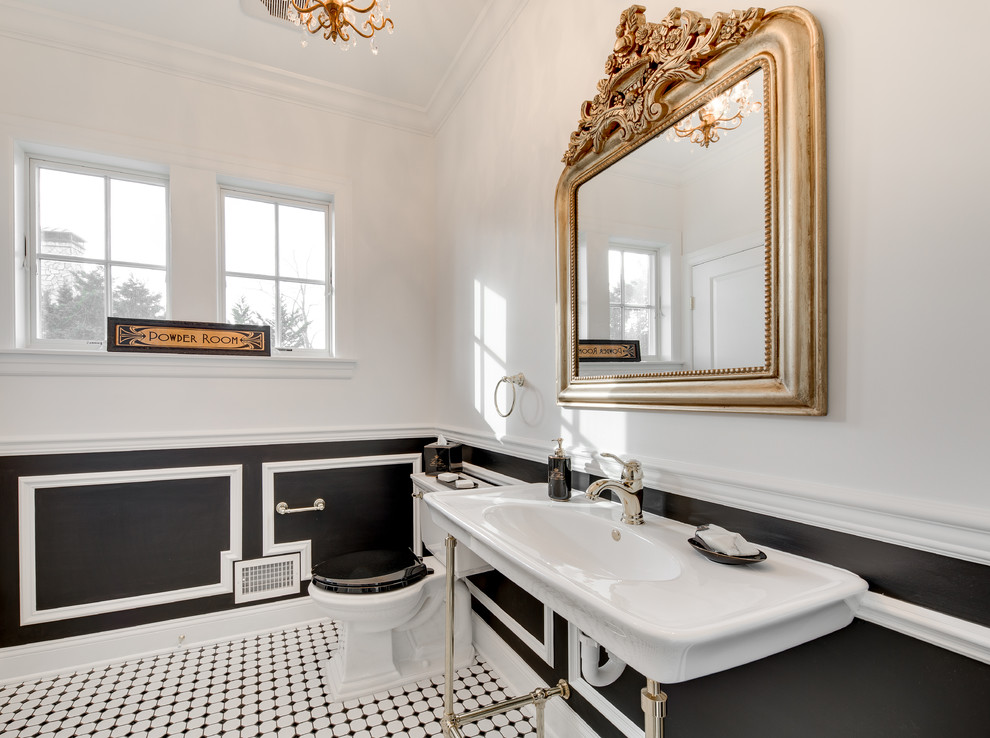 Elegant mosaic tile floor and white floor powder room photo in New York with a two-piece toilet, white walls and a wall-mount sink