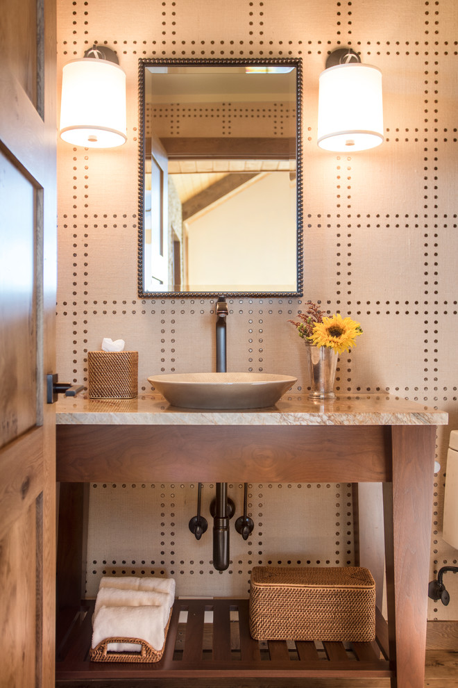 Medium sized rustic cloakroom in Denver with a vessel sink, open cabinets, medium wood cabinets, granite worktops, beige walls, medium hardwood flooring, white tiles, ceramic tiles and brown floors.