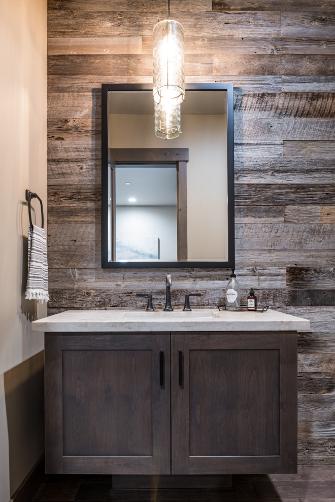 This is an example of a medium sized rustic cloakroom in Sacramento with shaker cabinets, dark wood cabinets, a submerged sink, granite worktops and grey worktops.