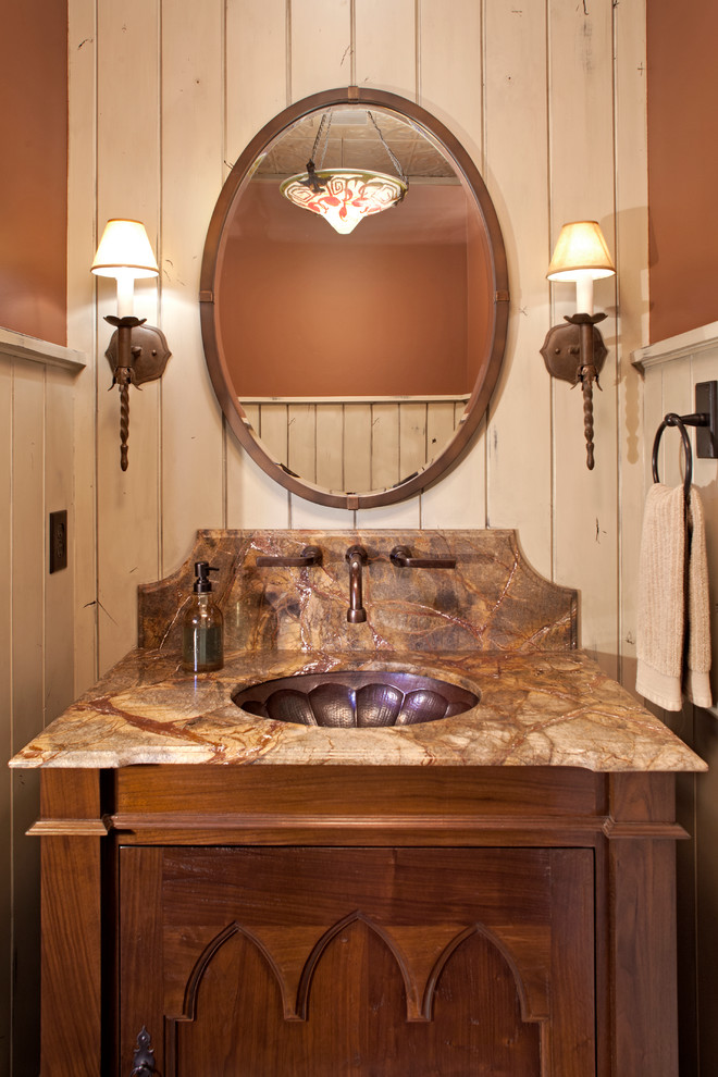 Inspiration for a medium sized cloakroom in Minneapolis with a submerged sink, medium wood cabinets, recessed-panel cabinets, granite worktops and brown worktops.