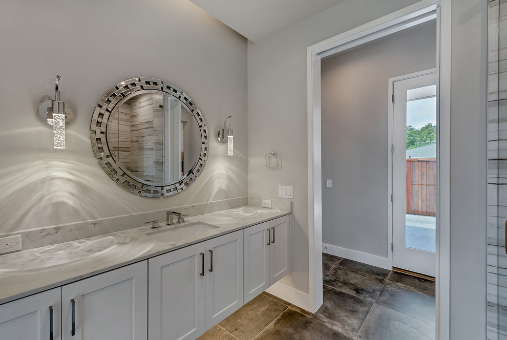 Classic cloakroom in Dallas with shaker cabinets, white cabinets, porcelain tiles, grey walls, porcelain flooring, engineered stone worktops, grey tiles and white tiles.
