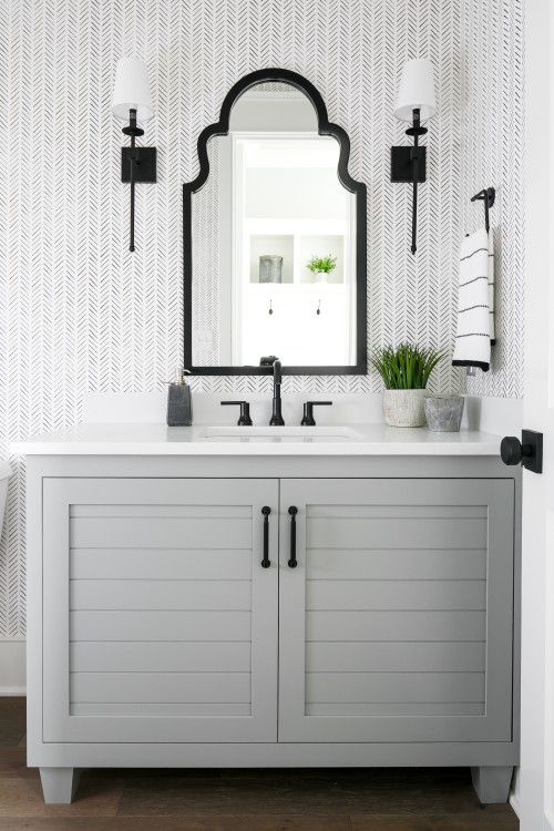 Geometric Bliss: Gray Bathroom Storage Ideas with Patterned Wallpaper Design