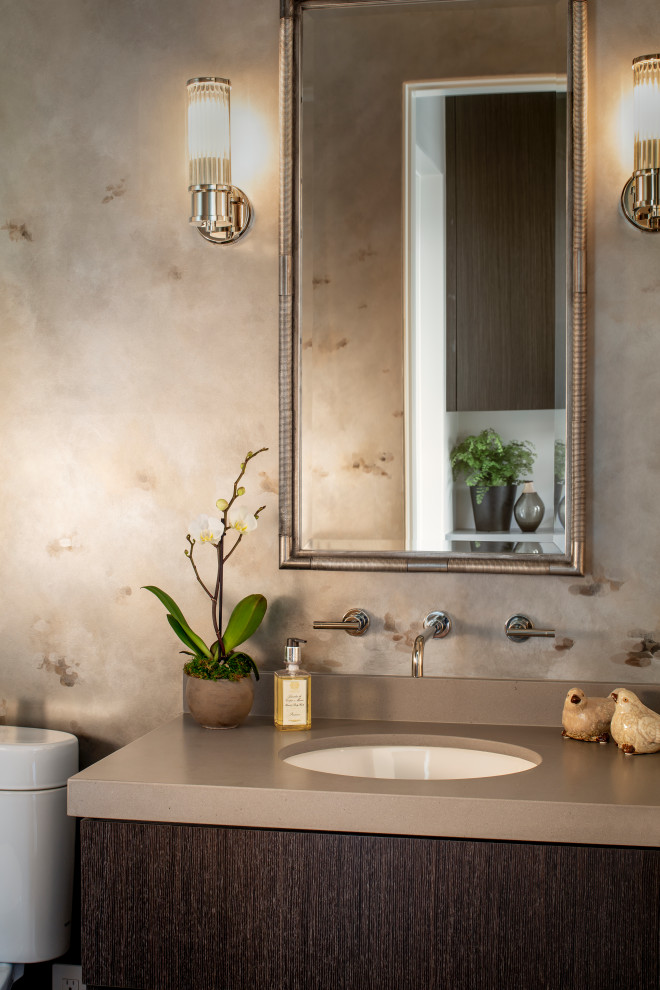 Small contemporary cloakroom in San Francisco with flat-panel cabinets, brown cabinets, brown walls, engineered stone worktops, beige worktops and a floating vanity unit.